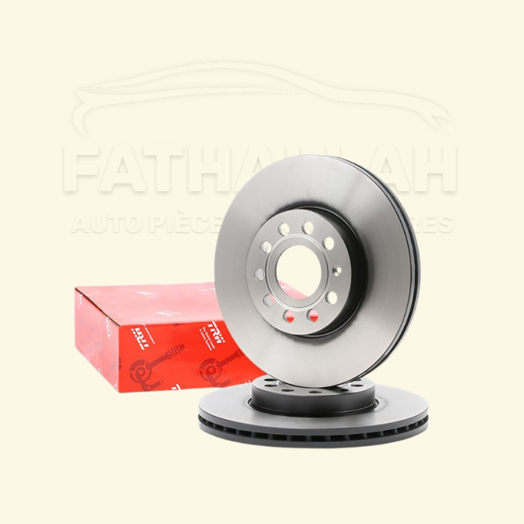 Paire de disques de frein avant ventilés TRW DF4295 avec leur boîte rouge d'origine chez Fathallah Auto Maroc.
