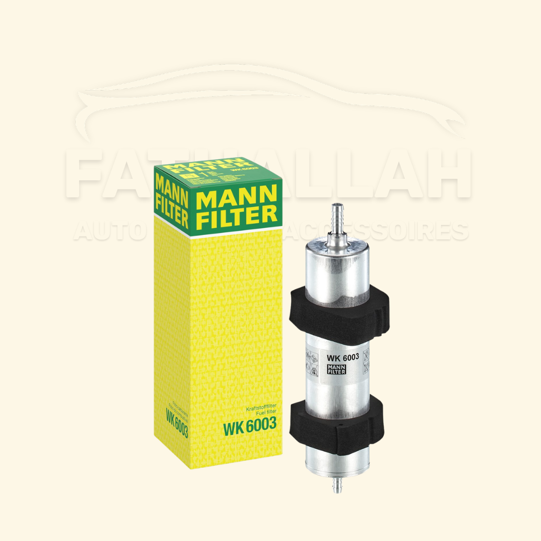 Filtre à gasoil en métal en ligne MANN-FILTER WK 6003 avec ses mousses de protection et sa boîte d'origine chez Fathallah Auto Maroc.