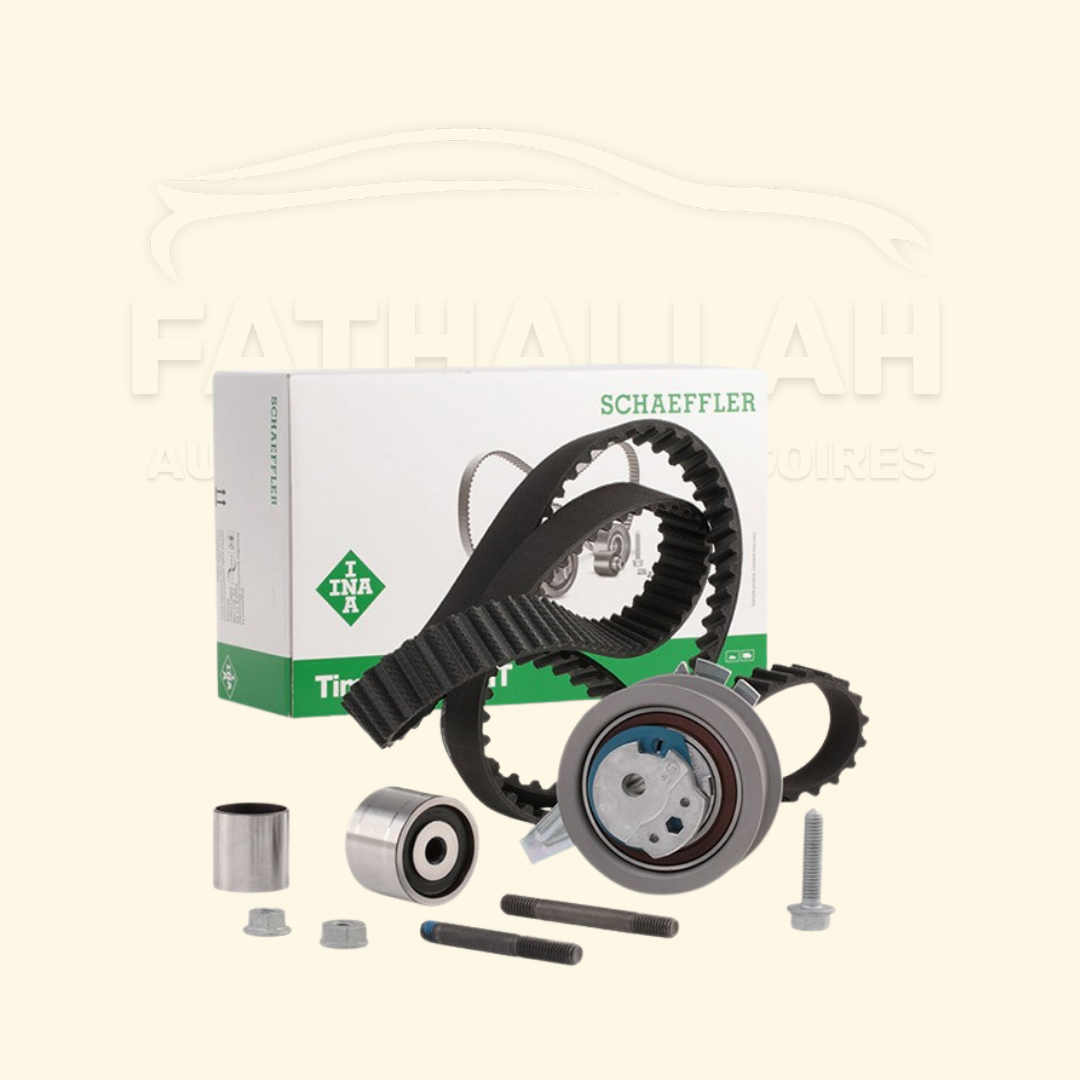 Kit de distribution complet INA 530 0650 10 comprenant la courroie de distribution et les galets tendeurs d'origine chez Fathallah Auto Maroc.