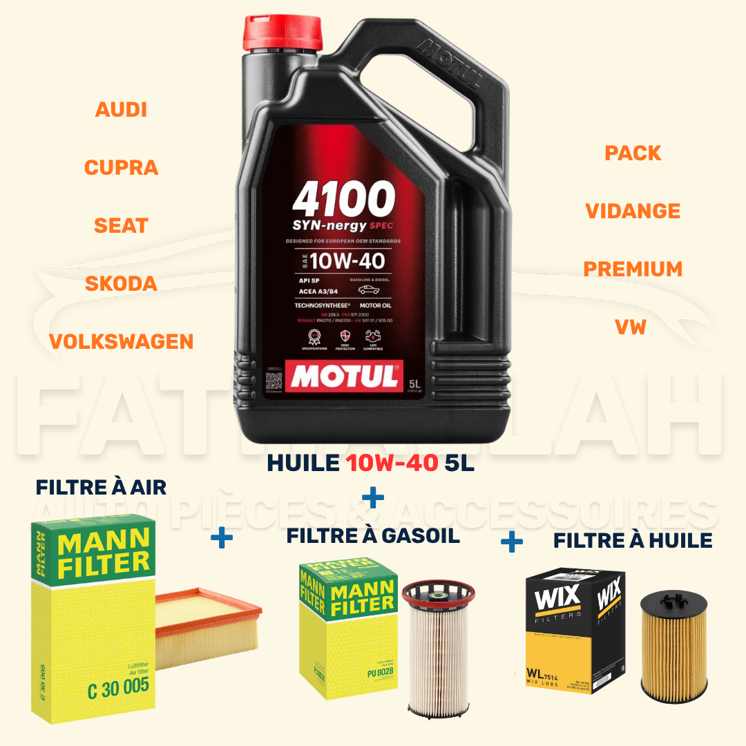 Pack Vidange Premium 10W-40 Motul + 3 Filtres (Air, Huile, Gasoil) - Pour VW, Audi, Seat, Skoda