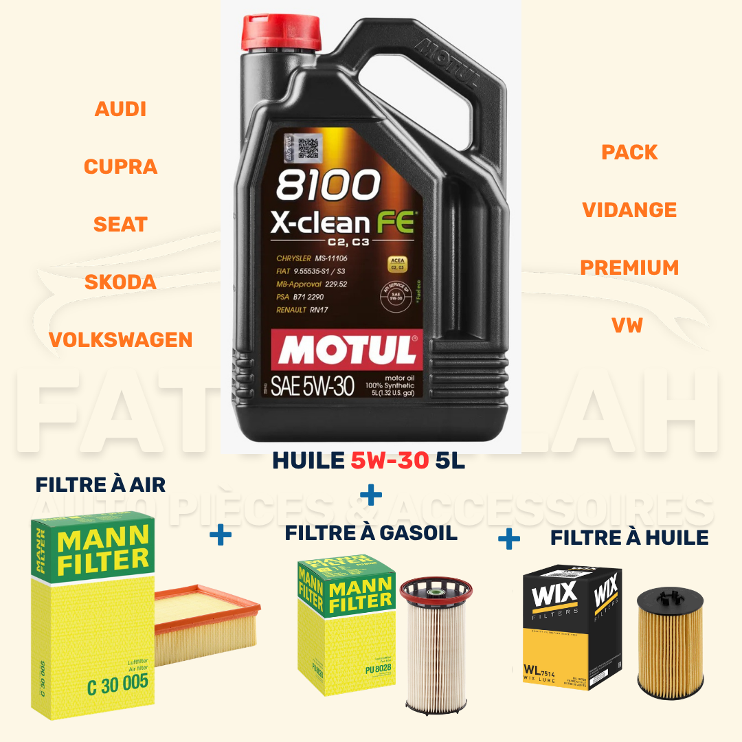Pack Vidange Premium 5W-30 Motul + 3 Filtres (Air, Huile, Gasoil) - Pour VW, Audi, Seat, Skoda