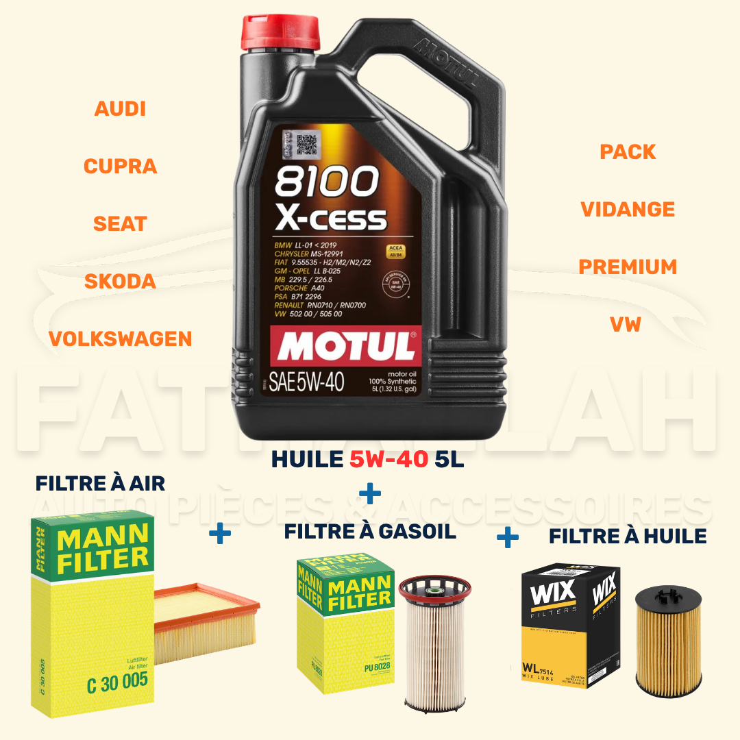 Pack Vidange Premium 5W-40 Motul + 3 Filtres (Air, Huile, Gasoil) - Pour VW, Audi, Seat, Skoda