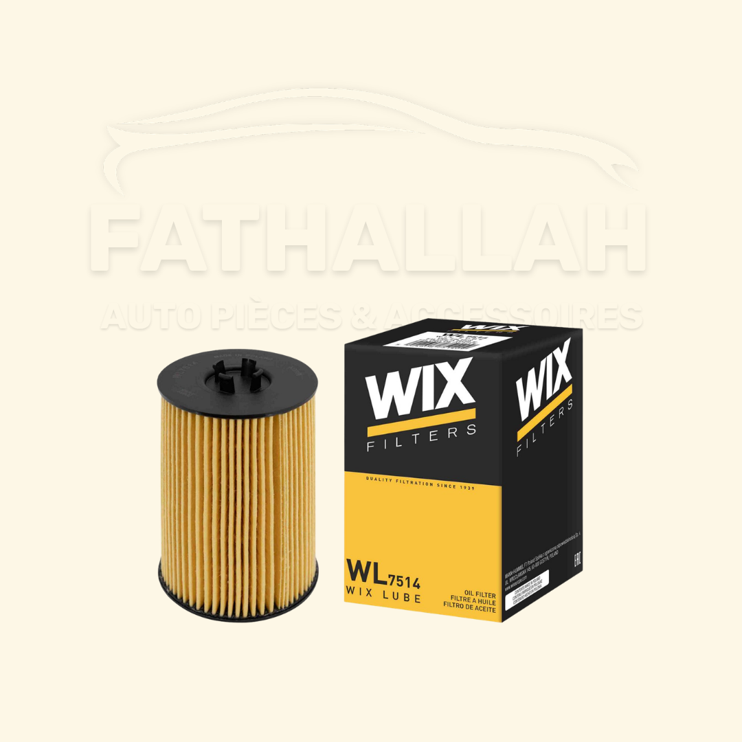 Boîte noire et jaune et cartouche de filtre à huile WIX Filters WL7514 chez Fathallah Auto Maroc.
