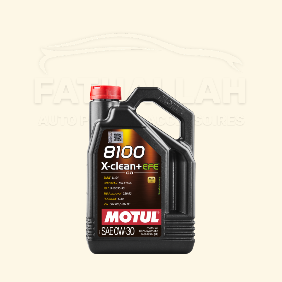 Bidon de 5L d'huile moteur 100% synthétique Motul 8100 X-clean+ EFE 0W-30 conforme aux normes ACEA C3 et VW 504 00 / 507 00 chez Fathallah Auto Maroc.