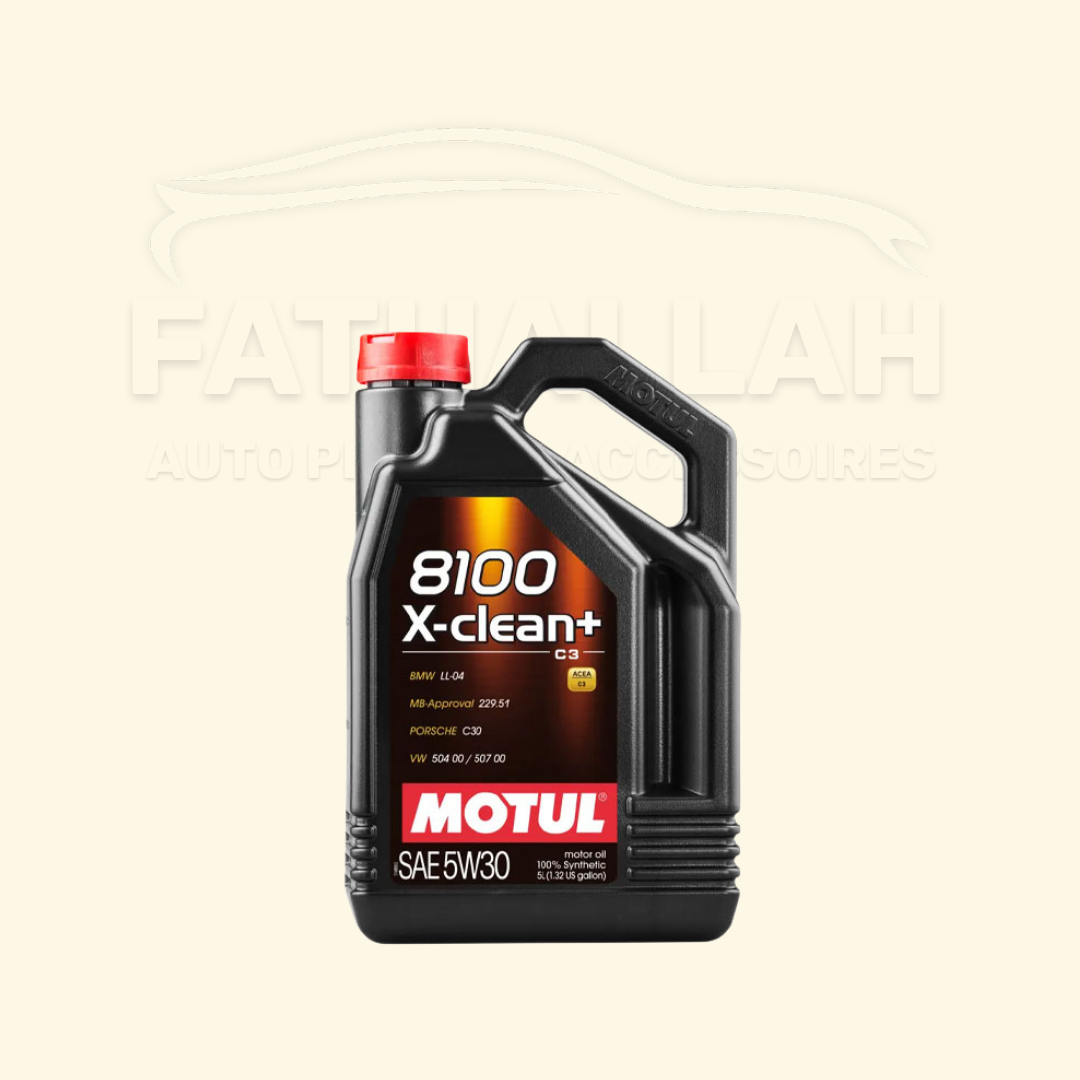 Bidon de 5L d'huile moteur 100% synthétique Motul 8100 X-clean+ 5W-30 conforme aux normes ACEA C3 et VW 504 00 / 507 00 chez Fathallah Auto Maroc.