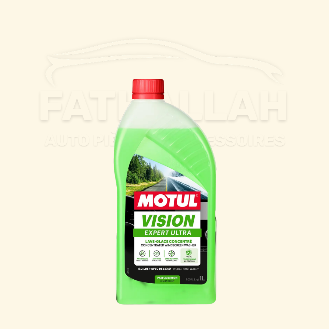 Lave-glace concentré MOTUL Vision Expert Ultra 1L parfum citron anti-trace et anti-insectes.
