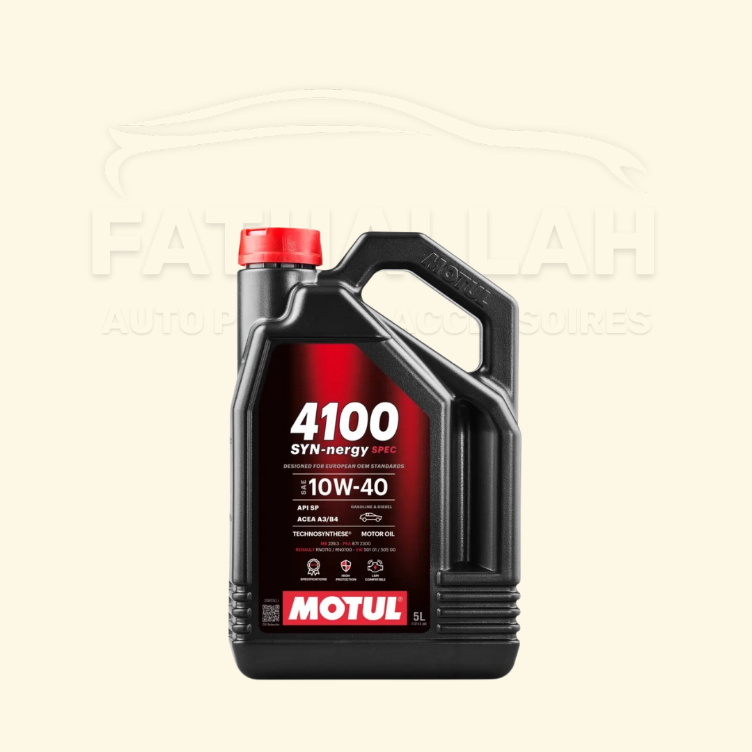 Bidon de 5 Litres d'huile moteur Technosynthese Motul 4100 SYN-nergy SPEC 10W-40 aux normes API SP chez Fathallah Auto Maroc.