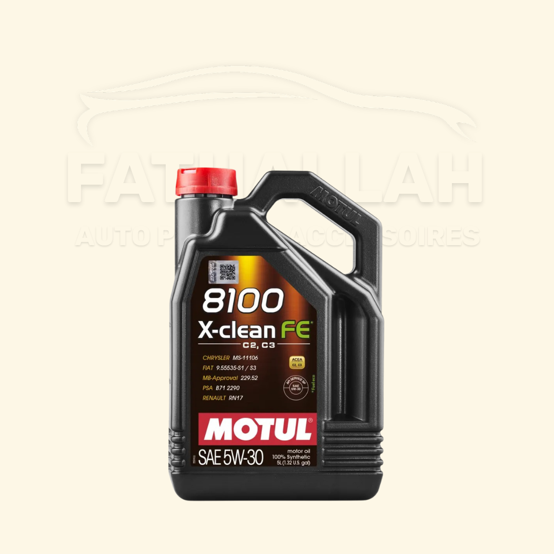 Bidon de 5 Litres d'huile moteur 100% synthétique Motul 8100 X-clean FE 5W-30 normes ACEA C2 C3 chez Fathallah Auto Maroc.