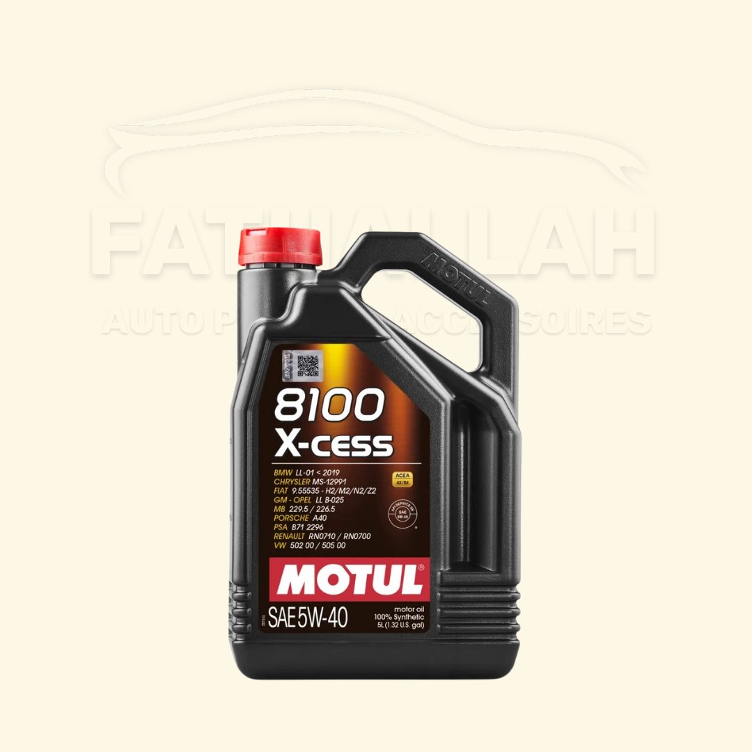 Bidon de 5 Litres d'huile moteur 100% synthétique Motul 8100 X-cess 5W-40 normes ACEA A3 B4 chez Fathallah Auto Maroc.