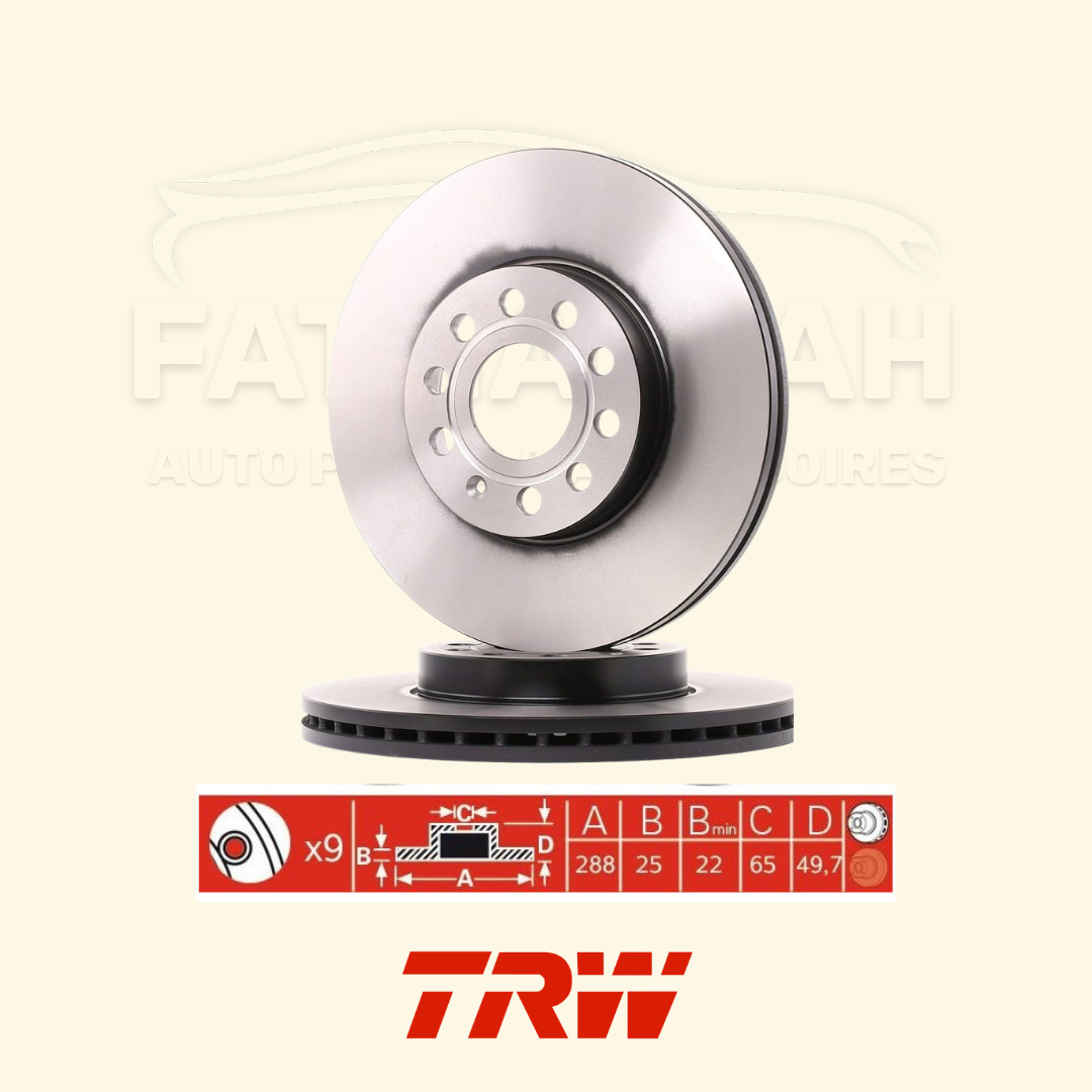 Paire de disques de frein avant ventilés TRW DF4295 avec leur boîte rouge d'origine chez Fathallah Auto Maroc.