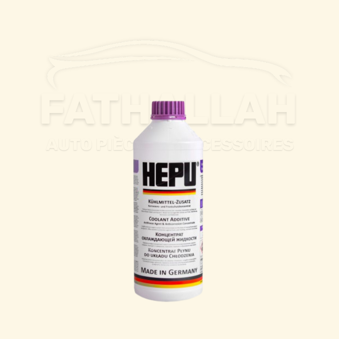 Bidon de 1,5 litres de liquide de refroidissement antigel concentré violet HEPU G13 d'origine chez Fathallah Auto Maroc.